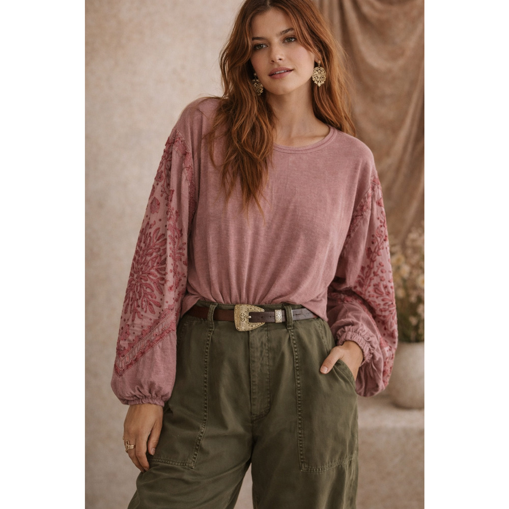 Free People Womens Persuasion Embroidered Top Small Pink Boho Cottage Peasant